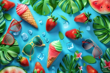 Wall Mural - A blue background with a variety of fruits and ice cream. The ice cream is green and red and is surrounded by strawberries. There are also sunglasses and a pair of glasses on the background