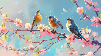 Birds perched on blooming branches in spring.