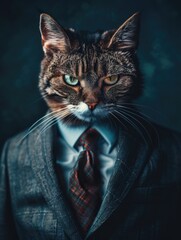 Wall Mural - A cat is wearing a suit and tie, looking at the camera with a serious expression. Concept of formality and professionalism, as if the cat is attending a business meeting or a formal event