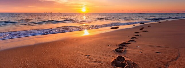 The footprints on the beach lead to a beautiful sunrise over the ocean.