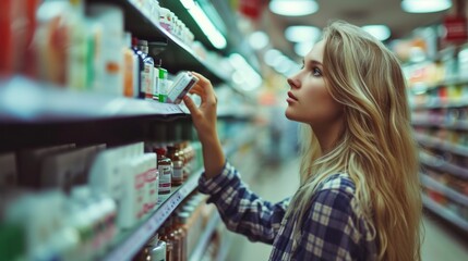 A woman is shopping in a store and is looking at the shelves. She is holding a bottle of medicine in her hand