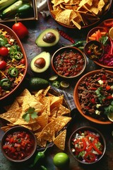 Wall Mural - A table full of Mexican food including chips, salsa, guacamole, and meat. The table is set for a party or gathering