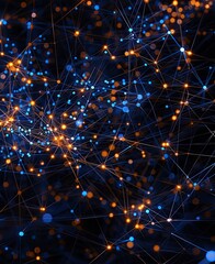 Wall Mural - The image shows a glowing network of blue and orange dots and lines on a black background.