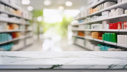 person in pharmacy,  an empty marble table counter with medicines healthcare product arranged on shelves in drugstore blurred defocused background wallpaper Pharmacy