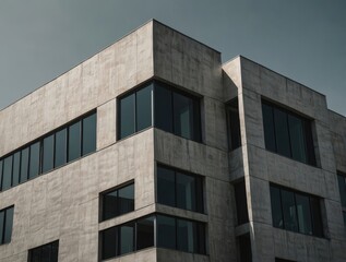 Modern concrete office building with large windows under a clear sky, showcasing contemporary architecture and urban development, perfect for business and real estate themes.