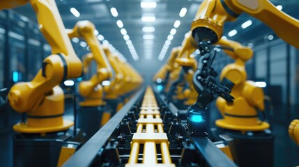 Wall Mural - A group of yellow robotic arms on an industrial conveyor belt in a warehouse,