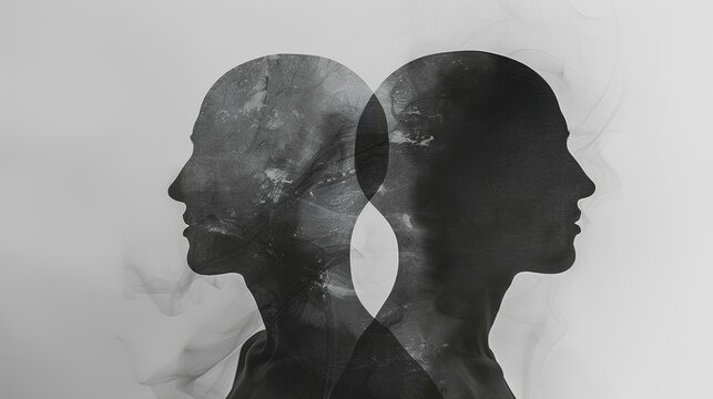 The concept of split personality captured in a striking image of two head silhouettes, symbolizing the intricate nature of dissociative identity disorder and psychological duality.