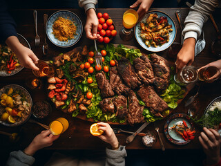 Family feast flat lay Turkish cuisine on rustic table