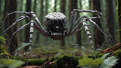 Robot spider spinning a web in the forest, Generative AI