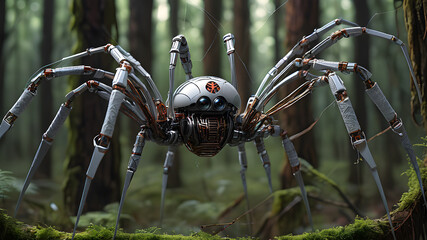Robot spider spinning a web in the forest, Generative AI