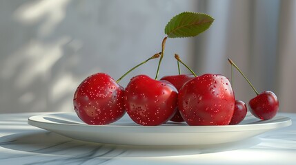 Wall Mural - Big, juicy red cherry Place on a white plate