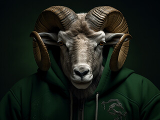 A ram stands out in a green hoodie against a dark background