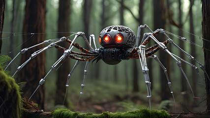 Robot spider spinning a web in the forest, Generative AI