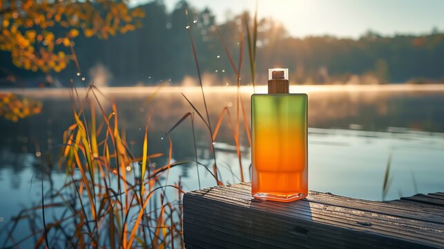 Perfume bottle on wooden dock at sunrise by a lake.