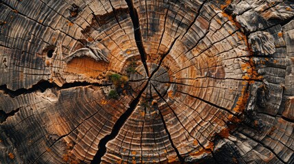 A detailed view of a tree trunk displaying the growth rings of a tree