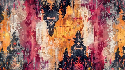 Poster - Textured abstract art background showcasing an ethnic ikat carpet pattern without any visible seams