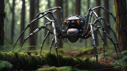 Robot spider spinning a web in the forest, Generative AI