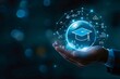 © เอิร์ท เด็กอ้วนฟาร์ม - Hand holding virtual graduation cap, representing online education and technology in learning, with futuristic digital interface.