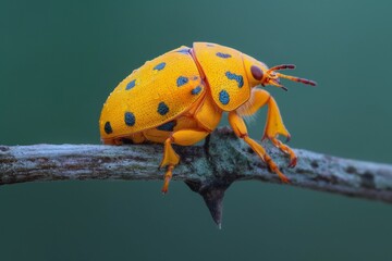 Wall Mural - a yellow bug with spots is perched on a branch over a green background