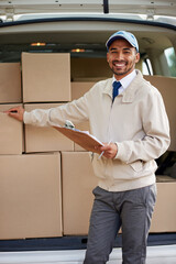 Poster - Portrait, boxes and truck with delivery man, ecommerce parcel and clipboard for courier receipt or online orders. Dispatch, retail packages and distribution service, happy and logistics worker