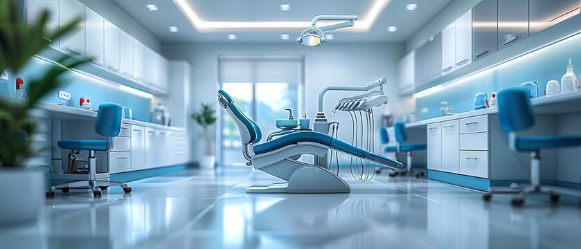The interior of a modern dental clinic with two chairs and a lot of equipment.