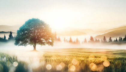 Wall Mural - Field and tree landscape in morning, natural colors, watercolor painting art.