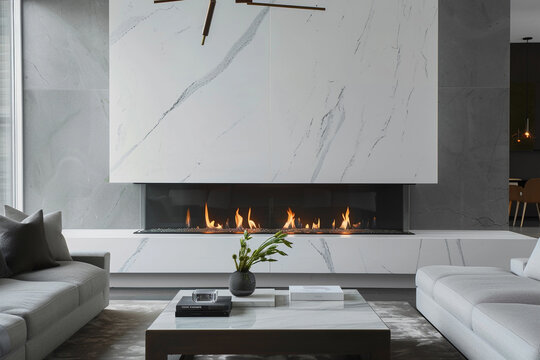 elegant white marble fireplace in a modern living room with minimalist decor, providing a luxurious 