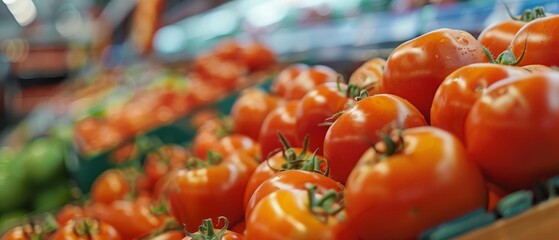 Close-up of fresh, ripe tomatoes on display in a grocery store. Vibrant red color and lush texture, perfect for cooking or salads.