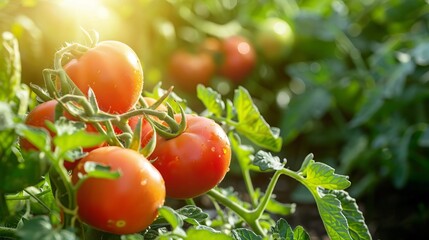 Sunlit ripe tomatoes on the vine in a lush green garden, showcasing fresh produce ready for harvest in a natural agricultural setting.