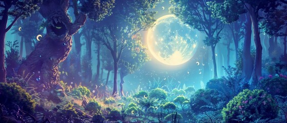 Dreamlike forest illustration with a glowing moon and mystical creatures