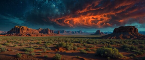 Wall Mural - Stunning red rock formations under dramatic sunset skies in an expansive desert landscape