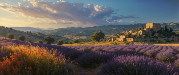 Beautiful lavender fields with an ancient stone village in Provence under a stunning late afternoon sky