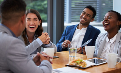 Poster - Happy, business people and collaboration for morning, meeting and breakfast in conference room. Men, women and diversity in office with pride, teamwork and group for discussion and international job