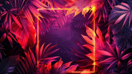 Wall Mural - A trendy diamond frame design with an abstract neon background and tropical leaves