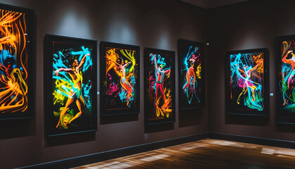 An art museum gallery features multiple paintings in black frames, each showing an abstract, colorful rendition of various dance forms.