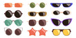 © Ekaterina Salova - Set of various fashionable sunglasses. Modern colorful glasses different shape. Concept of eyes protection from sunshine. Collection of vector stickers isolated on white background.