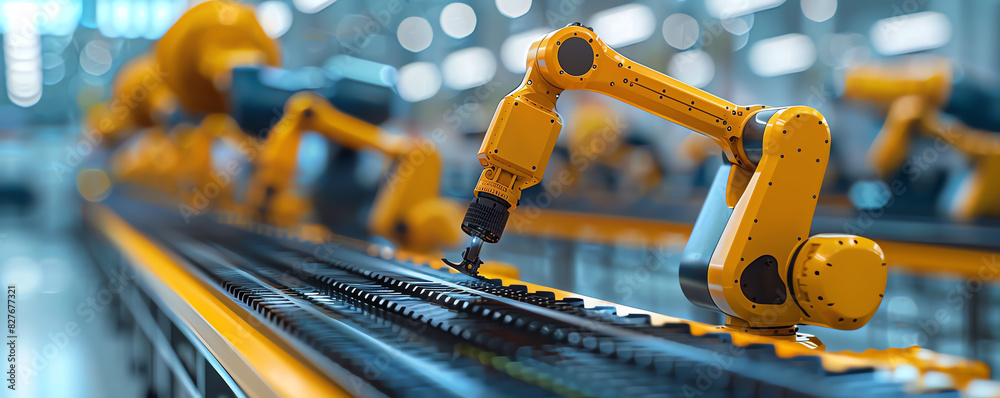 A yellow robotic arm is working on an assembly line. The arm is moving ...