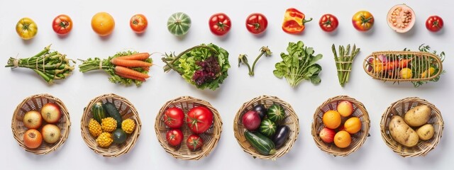 Wall Mural - Vibrant Organic Harvest: AI-Generated Illustration of a Variety of Organic Vegetables and Fruits in a Wicker Basket. Healthy Food, Active Lifestyle, Green Eating. 4K HD Wallpaper. Background.