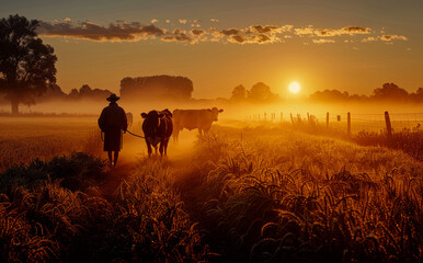 Sticker - A man and a cow are walking through a field. The sun is setting in the background. The sky is orange and the grass is tall