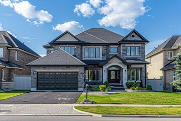 Wall Mural - Beautiful suburban house with garage and driveway in front of blue sky in Canada. ,8k, real photo, photography