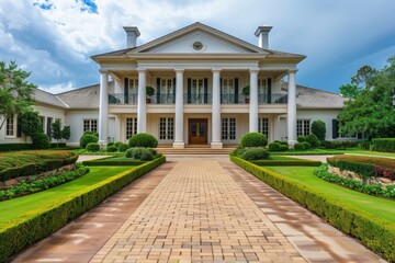 Sticker - Big beautiful mansion with front porch and columns, symmetrical design, architectural photography, architectural details,