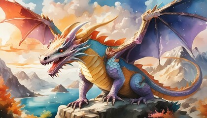 Wall Mural - Fantasy dragon watercolor illustration.