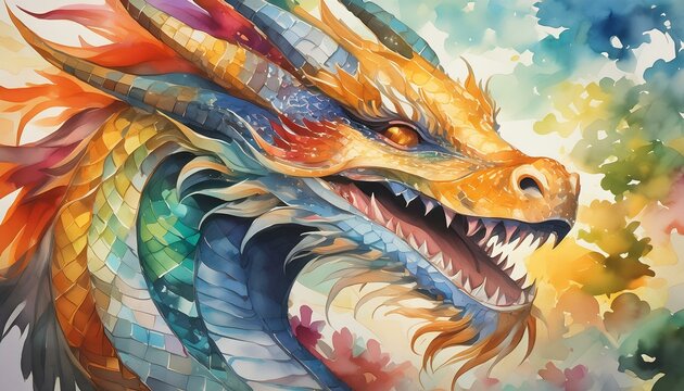 Fantasy dragon watercolor illustration.