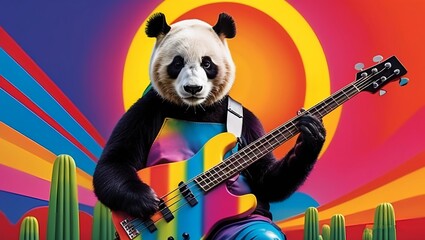 Wall Mural - guitar and music A panda holding a bass guitar with a colorful background