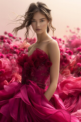 Wall Mural - A model in a purple rose dress with a background of purple roses.