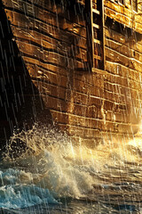 Wall Mural - Noah's Ark amidst pouring rain during the flood in sea water with waves and splashes. 