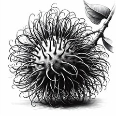 Black and White Illustration of Rambutan Fruit Isolated without Background