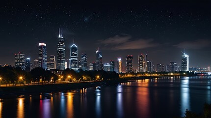 Wall Mural - night view of a city skyline with a river in front, skyscrapers