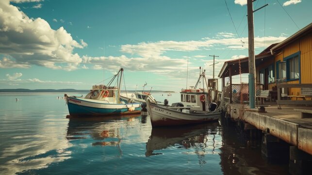 imagine a documentary-style shot of a small fishing village on the Australian coast, capturing candid moments of fishermen and their boats --ar 16:9 --style raw