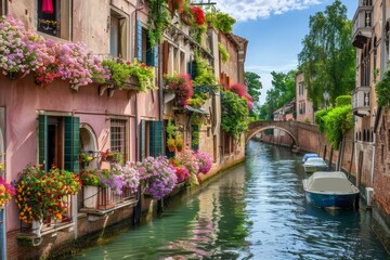 Wall Mural - A tranquil canal lined with historic buildings generated by AI